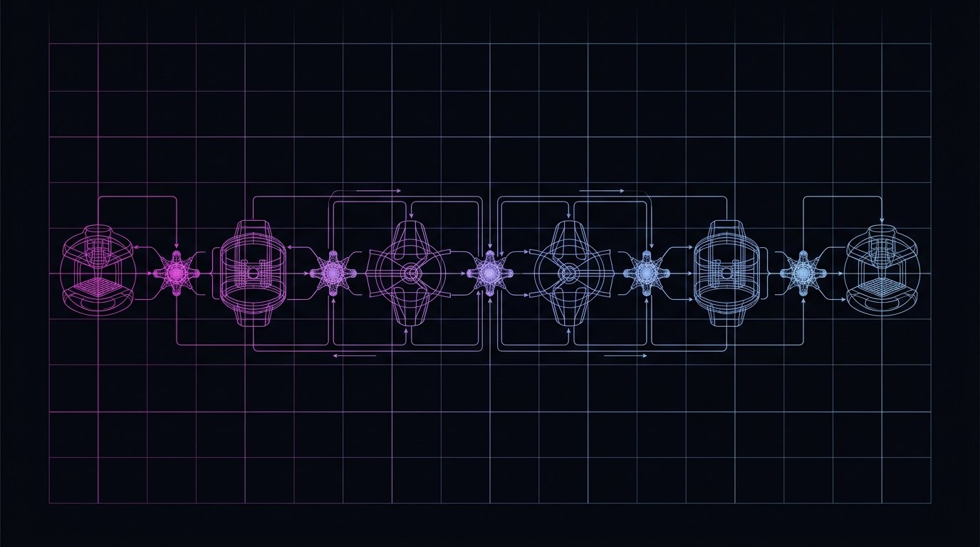 A domain workflow chain with verification checkpoints between each station