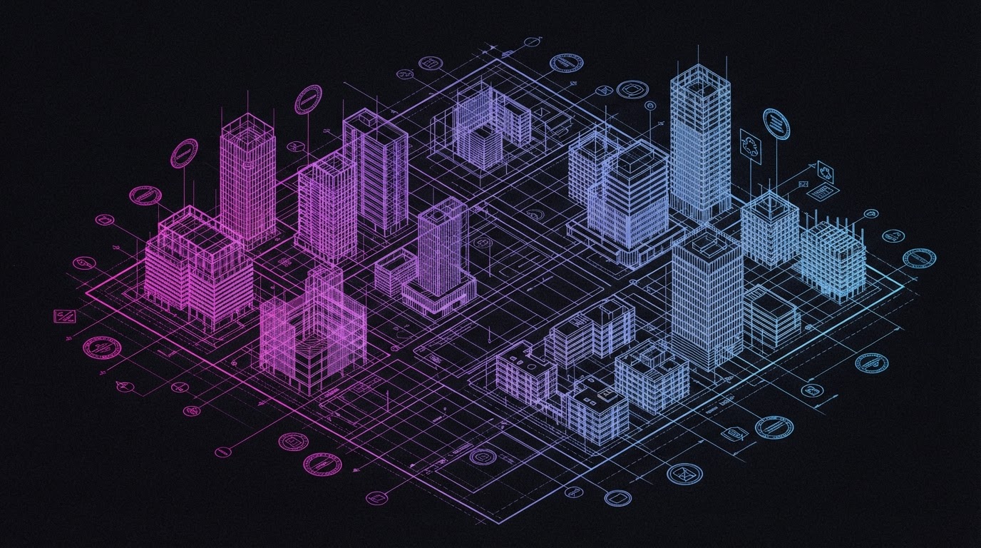 Abstract Dipp AI illustration for Real Estate & Construction: agentic execution governed by named human authority